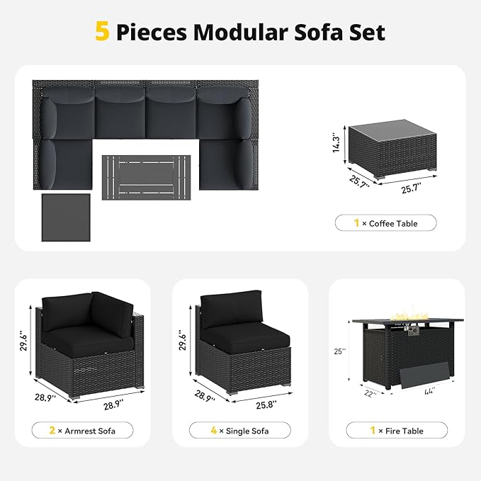 Aoxun Patio Furniture Set with Fire Pit Table, 8 Piece Outdoor Sectional Sofas, Wicker Rattan Outdoor Furniture with Thickened Cushion for Backyard, Garden Black