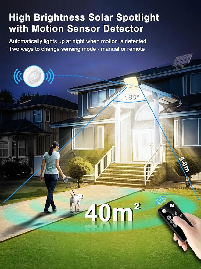 Solar Lights Outdoor Waterproof IP65, 172LED 9000K 3Modes Split Solar Motion Sensor Light Outdoor with Remote, Dusk to Dawn Solar Flood Lights outdoor for Yard,Patio,Garden,2 Pack (Warm White)