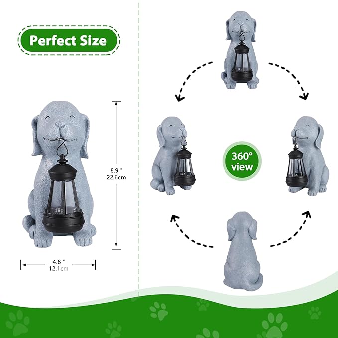 Solar Dog Garden Statue with Lantern, Outdoor Waterproof Dog Figurine Decor for Patio Yard Lawn, Birthday Garden Gifts for Women Mom Grandma, Housewarming Gift