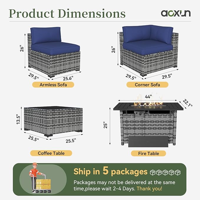 Aoxun 15 Piece Patio Furniture Set with 44” Fire Pit Table Wicker Rattan Outdoor Sectional Sofa Set with Coffee Table and Thickened Cushions, Grey/Blue (Waterproof Cover Included)