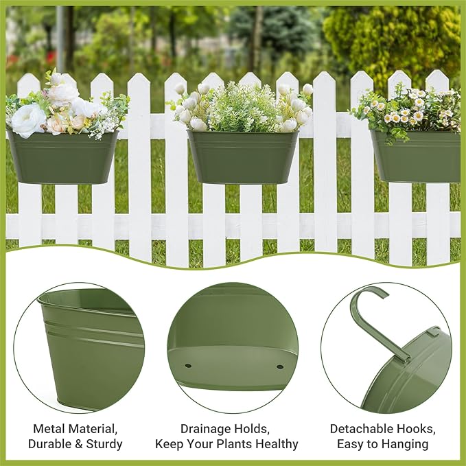 Dahey 10.5 Inch Metal Iron Hanging Flower Pots for Railing Fence Hanging Bucket Pots Countryside Style Outdoor Planter Window Flower Plant Holder with Detachable Hooks Home Decor,Green,3 Pcs