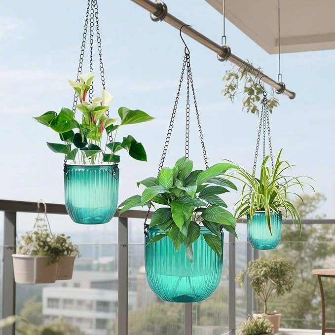 4 Pack Self Watering Hanging Planters with Drainage Holes –Hanging planters for Indoor Plants, Flowers, Succulents – Lightweight, Durable Hanging Baskets Green
