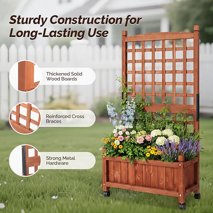 VINGLI Wooden Planter with Trellis, 50" Height Elevated Garden Beds Outdoor with Wheels, FreeStanding Planter Box with Drainage Holes for Flower, Vegetable, Fruit, Herb in Garden, Patio, Balcony (1)