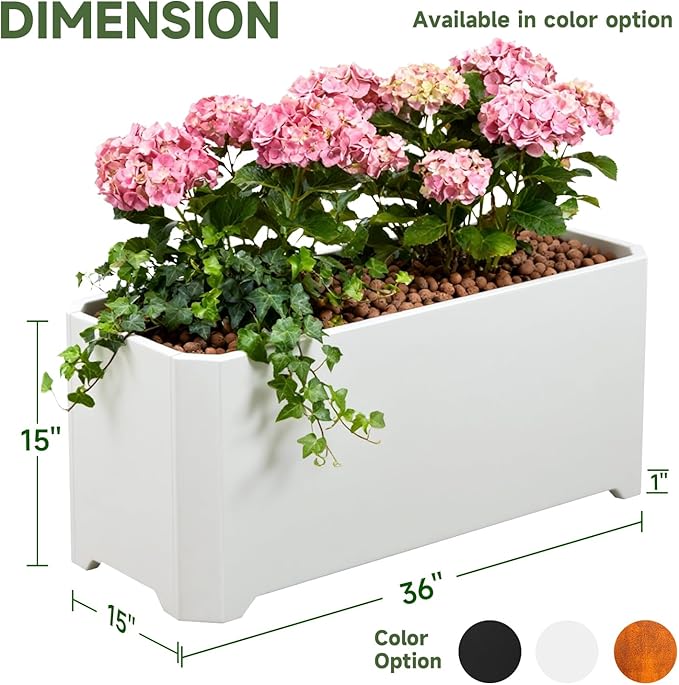 Steel Planter Box-36"x15"x15"-Large Rectangular Planters for Outdoor Plants, White Matel Planter Box Raised Support Feet for Patio, Deck, Garden, Yard, Drain Holes, Easy Assembly
