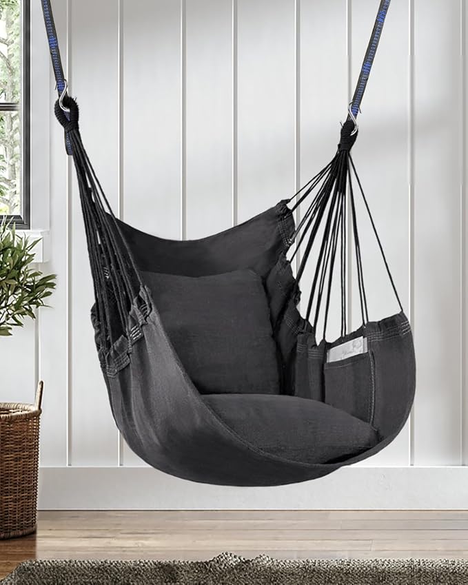 Halalona Hammock Chair Hanging Hammock Chair Rope Swing 2 Cushions Included-Sturdy & Durable Soft Cotton Hand Woven Hammock Swing for Bedroom, Porch, Patio-Indoor/Outdoor