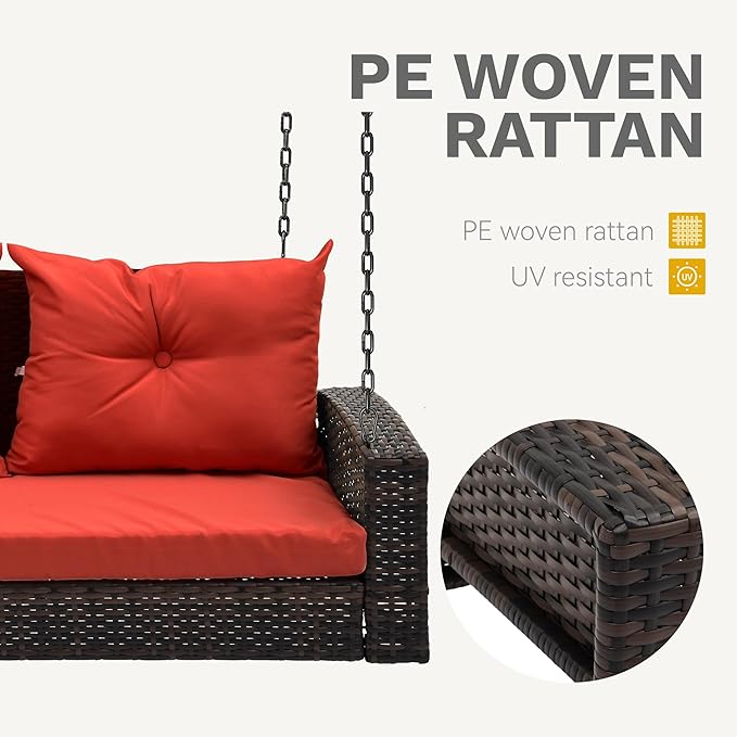 DWVO Hanging Porch Swing Chair Outdoor Wicker Rattan Patio Swing Lounge 2 Seats Cushions Capacity 530lbs for Balcony, Garden, Living Room, Brown Rattan Red Cushion
