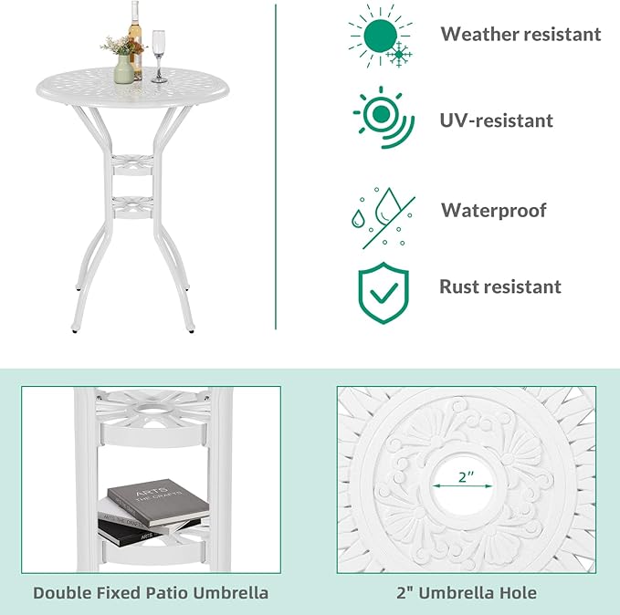 VIVIJASON 3-Piece Patio Swivel Bar Stools Set, All Weather Cast Aluminum Outdoor Bar Height Bistro Set with 2 Cushioned Bar Chairs & 31" High Bar Table w/Umbrella Hole for Backyard, Lawn, White