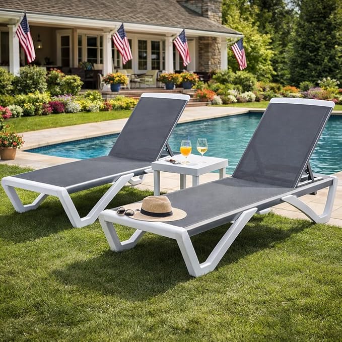 Kozyard Outdoor Chaise Lounge Chair, Full Flat Adjustable Patio Lounger with Aluminum Frame & Resin Legs, Textilene Fabric for Poolside, Backyard & Beach (Gray, 2Chairs with Table)