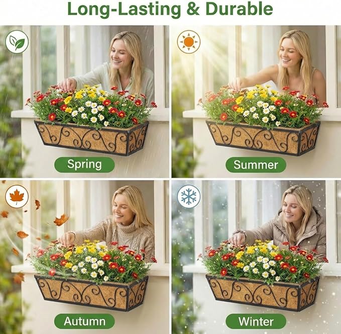 Y&M 24 Inch Window Deck with Coco Liner, Fence Metal Hanging Flower Planter Window Basket Deck Railing Planter Boxes for Outdoor Garden Lawn-Butterfly,2pcs