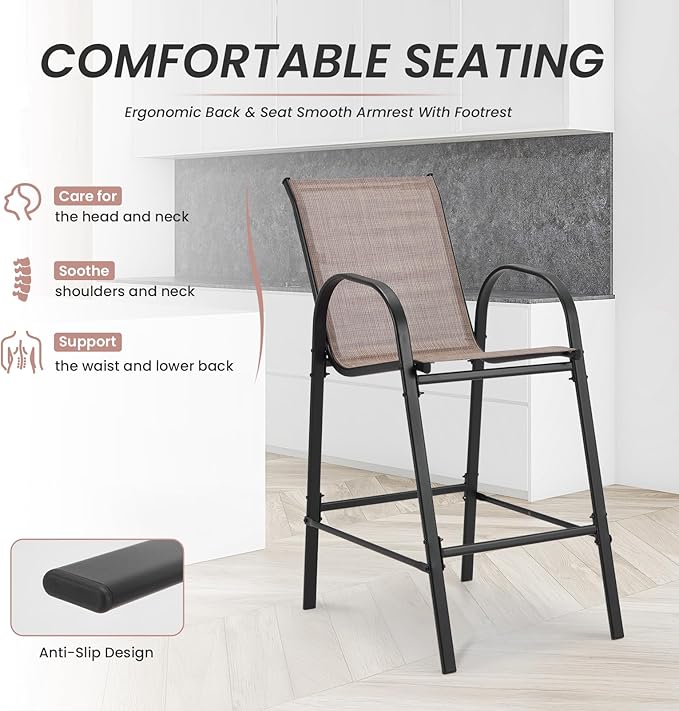 HOMREST Outdoor Bar Height Stools Set of 8,High Back Patio Chairs with Armrests,Textilene Chairs with Breathable Fabric & Metal Frame for All Weather,Taupe