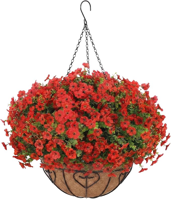 Artificial Hanging Flower for Outdoors, Fake Hanging Basket for Outside,1 Hanging Basket with 13 Pcs Faux Silk Flowers for Porch, Balcony and Patio Decor(Red)
