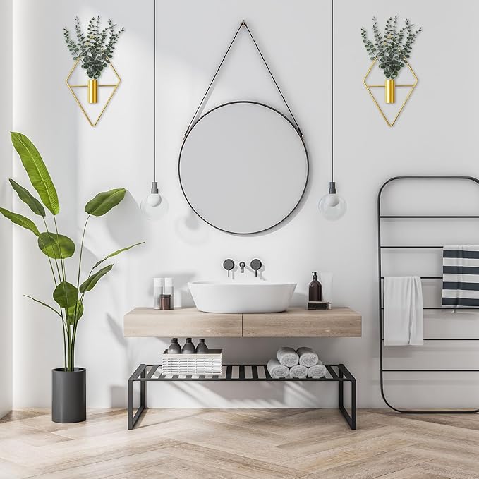 Jexine 4 Pcs Hanging Planters with Artificial Eucalyptus Metal Hanging Vase Indoor Plants Holder Modern Geometric Boho Bathroom Wall Decor for Living Room Home Office (Eucalyptus,Gold)