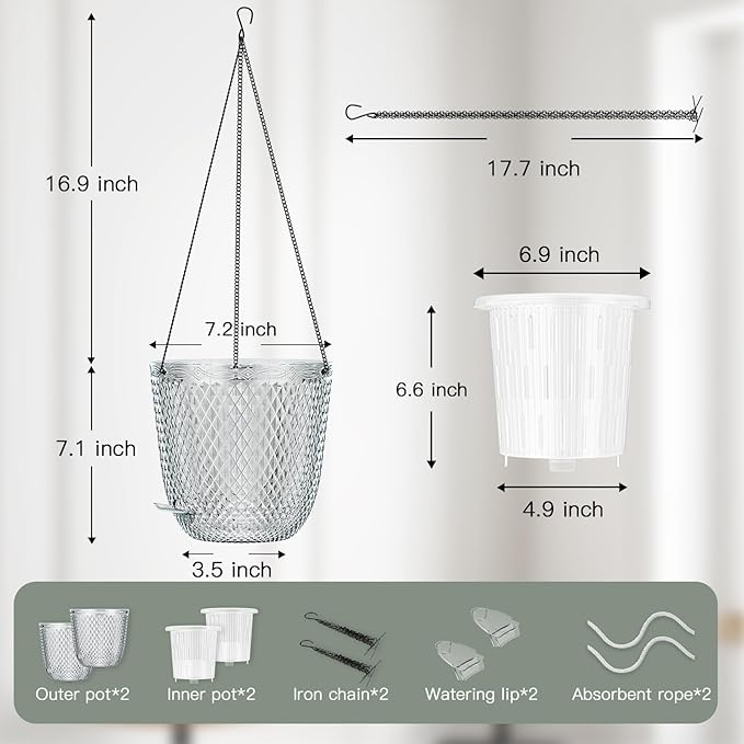 QCQHDU Self Watering Hanging Pots, 2 Pack 7.2 Inch Hanging Planters for Plants Indoor, Outdoor Flower Pots with Drainage Holes and 3 Hooks Chains for Garden Home (Clear)