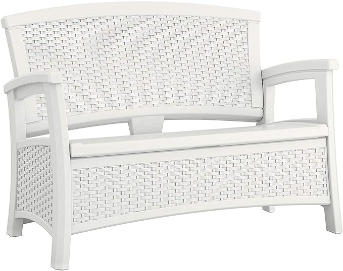 Suncast Elements Stylish Lightweight Loveseat Outdoor Seating with Convenient Built In Universal Storage, and All Weather Plastic, White