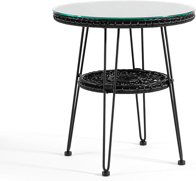Furniture of America Ysar Boho 19-inch Round Coffee Table Outdoor with Tempered Glass Top and Metal Frame, Handcrafted Coastal Furniture for Patio, Poolside, Garden, Yard, Black