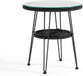 Furniture of America Ysar Boho 19-inch Round Coffee Table Outdoor with Tempered Glass Top and Metal Frame, Handcrafted Coastal Furniture for Patio, Poolside, Garden, Yard, Black