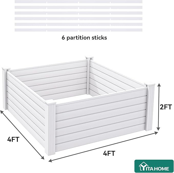 YITAHOME 48x48x24 in Plastic Raised Garden Bed 2pcs with Growth Grid, Large Outdoor Vinyl Planter Box for Plants, Vegetables, and Flowers, Easy Installation, White