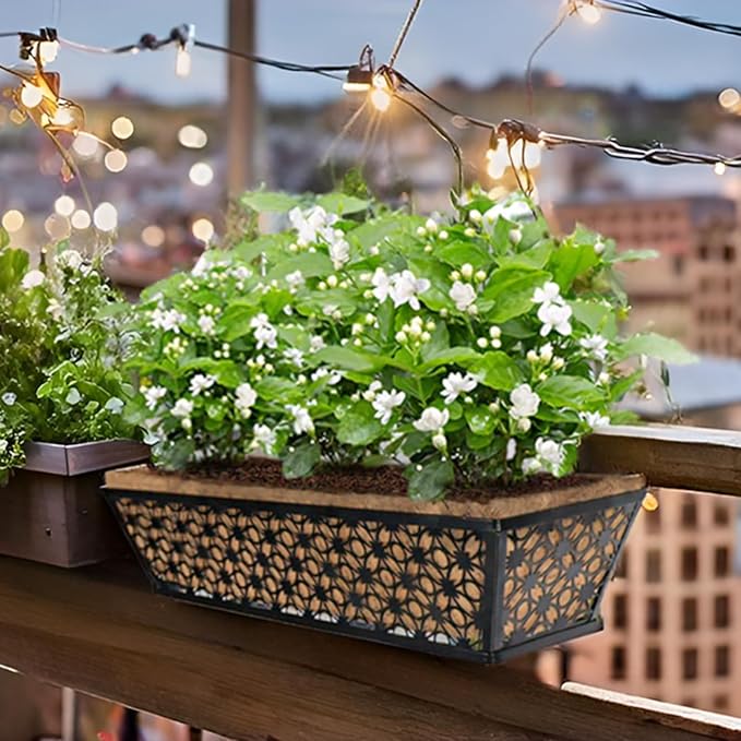 hehimhis Window Planter Box with Adjustable Bracket and Coco Liner for Porch, 24 Inch 4 Pack Balcony Planters Railing Hanging,Fence, Patio Hanging Planters for Garden Outdoor
