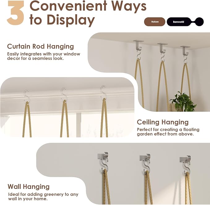 Bamworld Hanging Shelves Plant Hanger Indoor Window Plant Shelves Wood Plant Wall Shelf Window Sill Plant Shelf Indoor Hanging Plant Stand Living Room Decor Garden Boho Decor