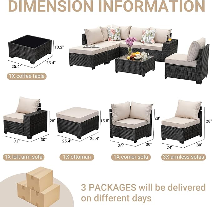 Jing's Villa 7-Piece Patio Furniture Set, All-Weather Outdoor Wicker Sectional Sofa with Cushions, Tempered Glass Table & Ottoman, Rattan Conversation Seating for Porch, Garden, Backyard,Beige