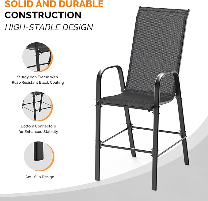 VINGLI Set of 2 Stackable Outdoor Bar Stools – Sling Chairs with High Back & Armrests, for Lawn, Garden, Bar, Black