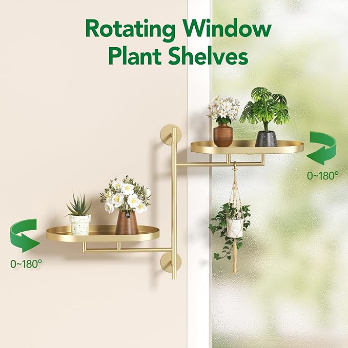 Rotating Window Shelves for Multiple Plants Indoor,2-tier Metal Corner golden Plant Stand Holder Floating Hanger Shelf for Wall，Windows Sill Gifts for Planter Lover to Enhance Home Decor
