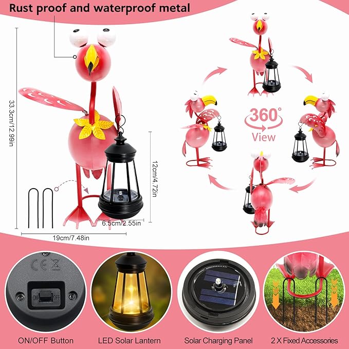 Solar Flamingo Statue with Lights,13in Tall Solar Flamingo Garden Sculptures, Birthday Gift for Woman Grandma Big Metal Decorative for Outdoor Patio Porch Ornaments Lawn Yard Balcony
