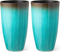Glitzhome 23.5" H Tall Outdoor Planter, Set of 2 Large Tall Planters with Gradient Turquoise Faux Ceramic Finish, Large Flower Pots for Porch Garden Patio Indoor All Season Decor,with Drainage Holes