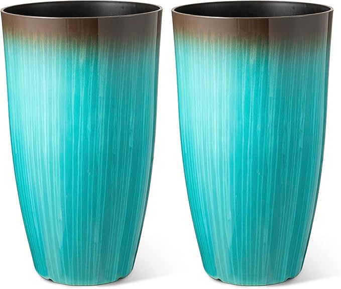Glitzhome 23.5" H Tall Outdoor Planter, Set of 2 Large Tall Planters with Gradient Turquoise Faux Ceramic Finish, Large Flower Pots for Porch Garden Patio Indoor All Season Decor,with Drainage Holes
