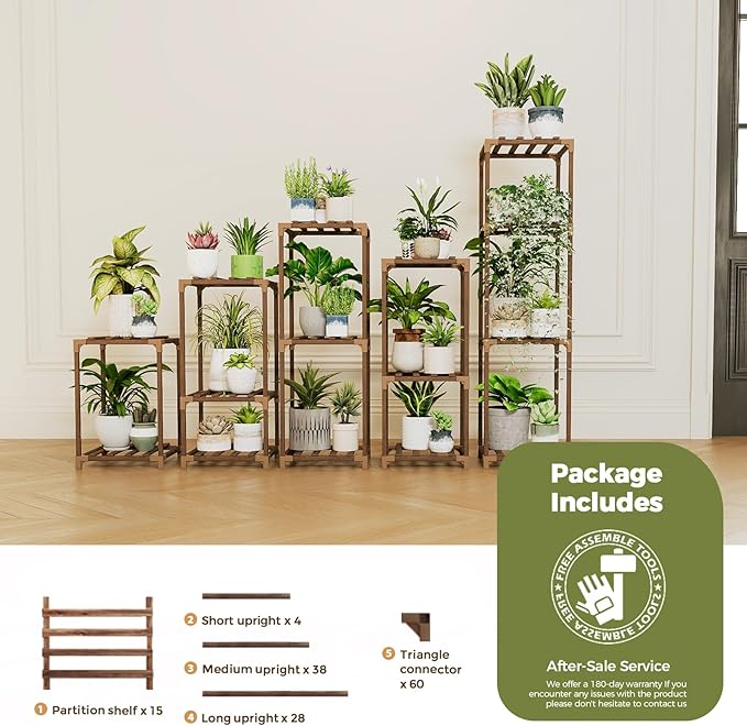 Bamworld 5 Sets Plant Stands Indoor Outdoor Combo Plant Shelves Wooden Plant Holder Rack for Multiple Plants Flower Stands for Living Room Balcony Garden Patio Lawn Window