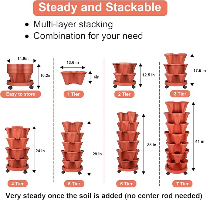 GameXcel Vertical Planter 7 Tier Stackable Planters Garden Planters Strawberry Herb Flower and Vegetable Planter Indoor Outdoor Gardening Pots with Removable Wheels and Tools - Red