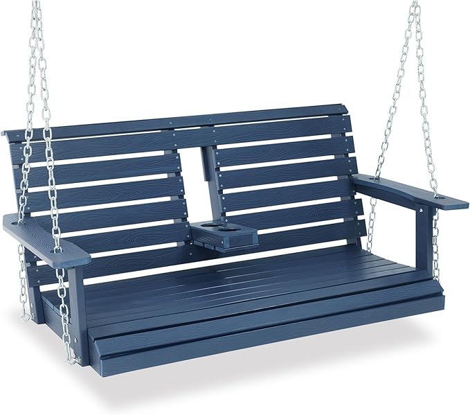 Poly Lumber 2-Seat Porch Swing, HIPS 4.5-Feet Bench Swing with Foldable Cup Holders,18/8 Stainless Steel Hardware, High Backrest and Deep Contoured Seat (Navy Blue, 4.5-feet)