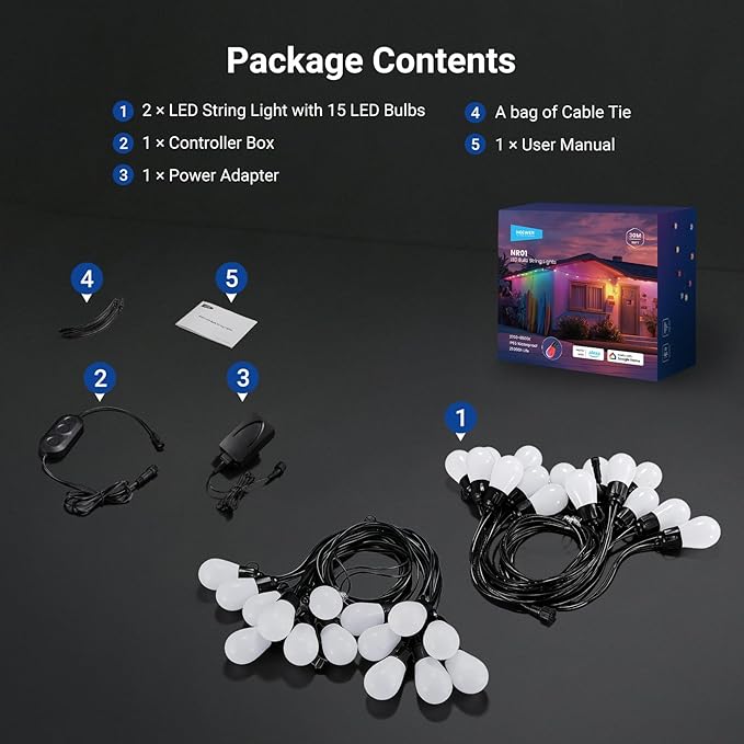 NEEWER 96ft Outdoor String Lights, App Control Smart AI RGBW Hanging Outside Warm White Patio Balcony Backyard Lighting, IP65 Waterproof, 30 LED Bulbs, 50+ Scenes, Compatible with Alexa Google, NR01