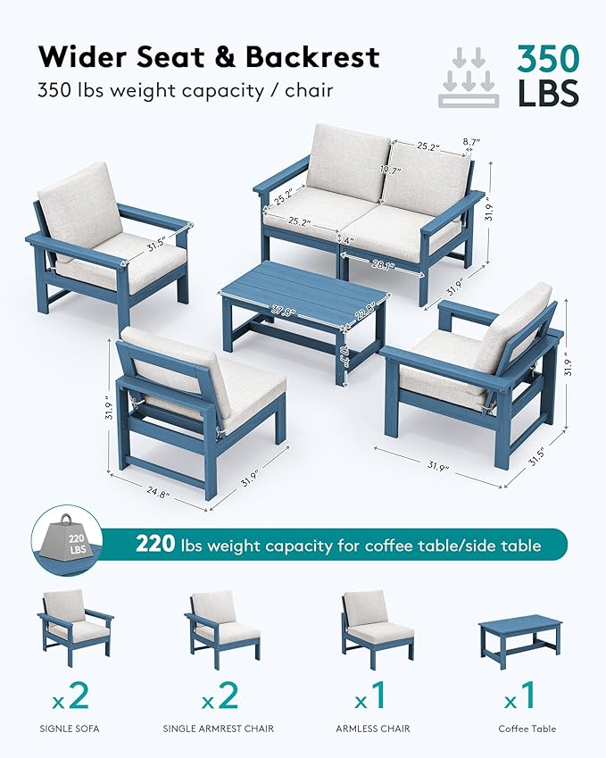 SERWALL HDPE Patio Conversation Set, 6-piece Sectional Outdoor Furniture Set, All Weather Outdoor Couch Set Patio Furniture Set for Deck, Lawn, Blue Frame with Beige Cushion