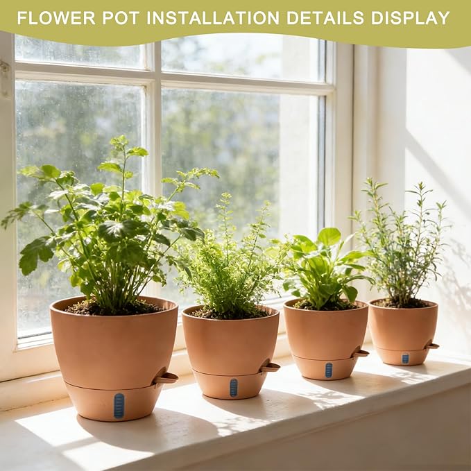 4 Pack Plant Pots,12/10/9/8/ Inch Self Watering Pots for Indoor/Outdoor Plants Deep Reservoir,Nursery Planting Pot for Indoor Out Door Plants (Terracotta,12/10/9/8/ Inch)