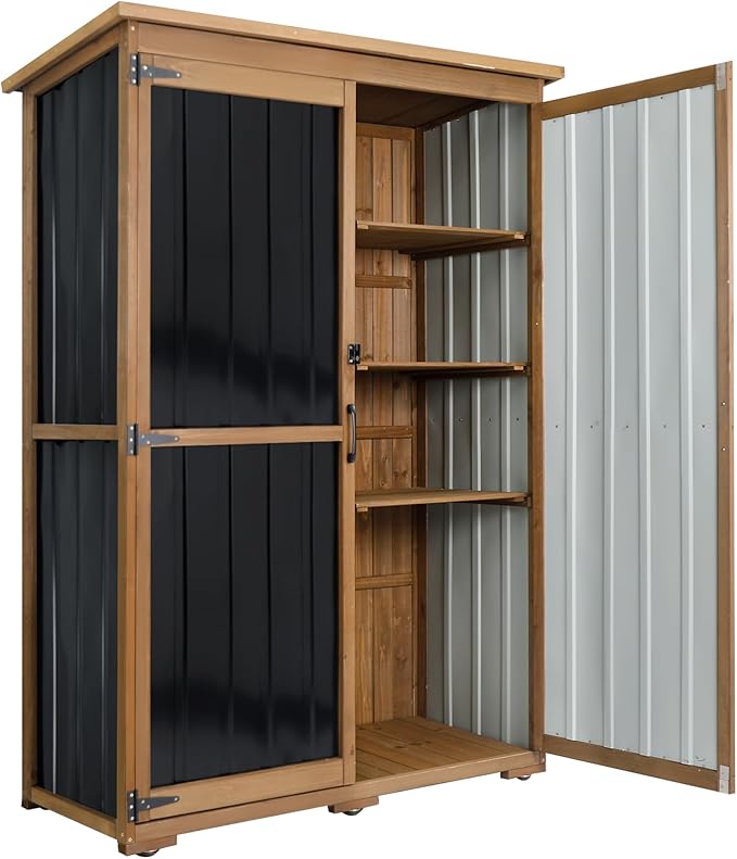 PetsCosset 46" L Large Outdoor Storage Cabinet with Shelves, Wood & Metal Storage Shed Weather-Resistant, Outside Storage Cabinet for Garage Patio Backyard Garden with Waterproof Roof