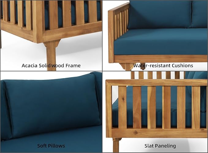 Merax Outdoor 3 Seater Daybed, Acacia Wood Day Bed Couch Sofa with Cushions for Patio Backyard, Garden, Blue