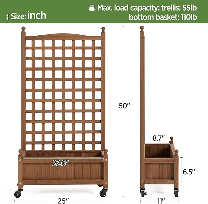 Yaheetech 50" H Raised Garden Bed with Trellis & Wheels Standing Vertical Horticulture Planter Box for Vine Climbing Plants, Flowers, Herbs Brown