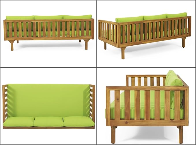 Merax Outdoor 3 Seater Daybed, Acacia Wood Day Bed Couch Sofa with Cushions for Patio Backyard, Garden, Green