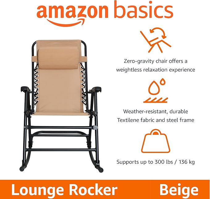 Amazon Basics Outdoor Portable Folding Rocking Chair with Headrest, Ergonomic Design, Weather-resistant Patio Reclining Lounge Chair for Porch, 33.6 x 37.4 x 26 inch, Beige