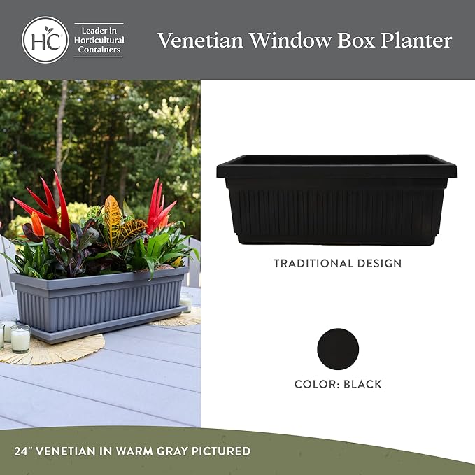 The HC Companies Venetian Window Planter Box w/Drain Plug - Long Planter Box for Windowsills, Balconies & More - Plastic Large Rectangular Outdoor Planters for Herbs & Flowers (24" Black, Pack of 1)
