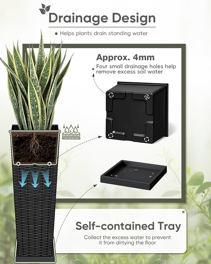 Greesum Set of 2 Tall Plastic Planters with Saucer, 24 Inch Large Pots with Drainage Trays, Weather-Resistant Plastic Plant Containers for Patio, Porch, Garden,Black