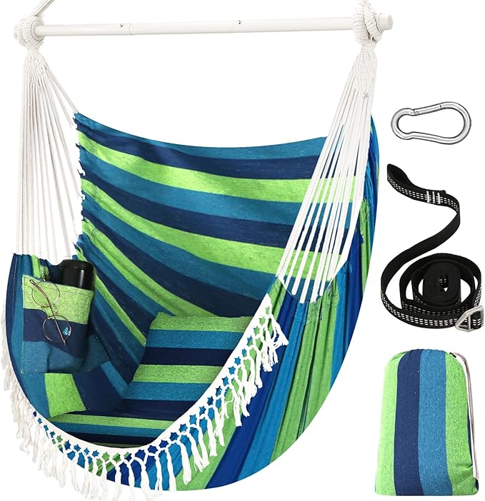 Chihee Hammock Chair 4.9ft x 3.9ft Max 500 Lbs Widen Hanging Swing 2 Cushions Included Metal Spreader Bar with Anti-Slip Grooves Portable Comfy Hanging Chair Side Pocket Bohemian Chair Indoor Outdoor