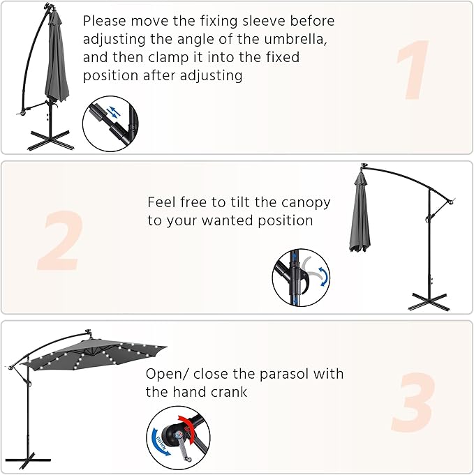 Yaheetech 10FT Solar Offset Umbrella with 32 LED Lights Cantilever Hanging Outdoor Umbrellas Handy Crank & Cross Base for Lawn/Deck/Backyard/Pool Gray