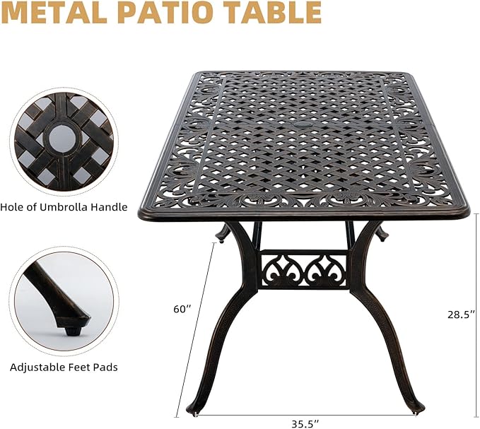 Outdoor Patio Dining Table - All-Weather Cast Aluminum 60" x 28.5“ Patio Rectangular Table with 2" Umbrella Hole for Balcony Lawn Garden Backyard