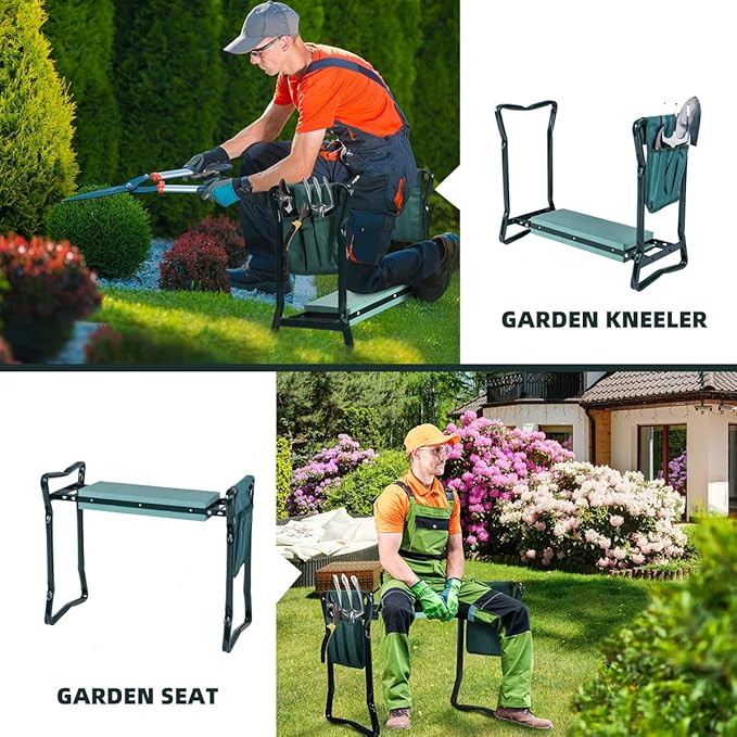 2-in-1 Garden Kneeler & Seat, Folding Seat w/EVA Foam Kneeling Pad & Removable Tools Pouch, Sturdy Steel Frame, No Assembly, Portable Heavy Duty Garden Stool for Women & Men