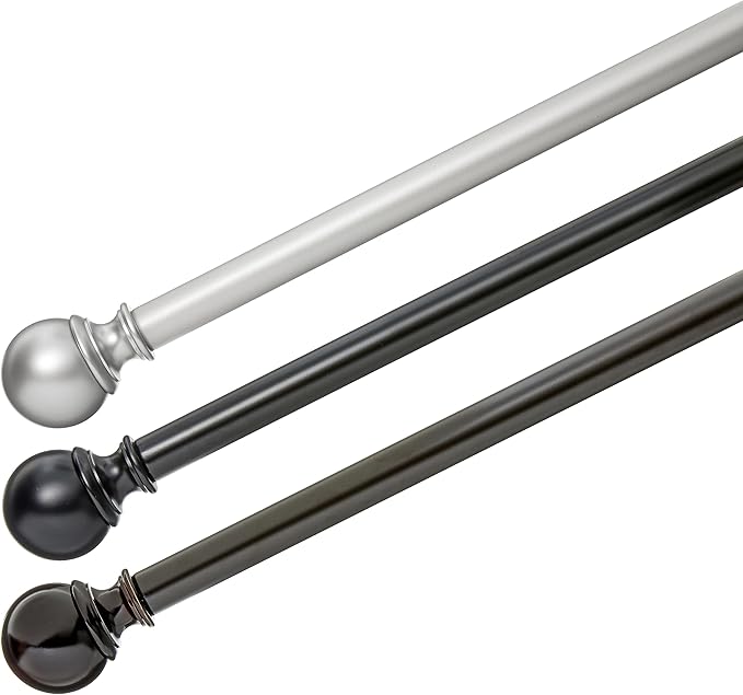 Amazon Basics Easy Installation Adjustable Curtain Rod for Windows with Round Finials, 1-Inch Rod, 72" to 144", Nickel, 2-Pack