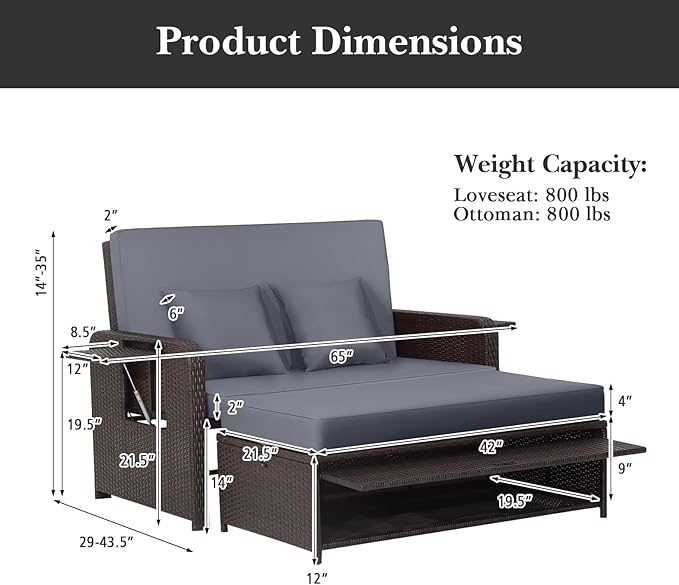 Tangkula Patio Rattan Daybed with 4-Level Adjustable Backrest, Outdoor PE Wicker Loveseat with Storage Ottoman & Folding Side Tray, Double Sunbed Lounger for Balcony, Backyard & Poolside, Grey & Brown