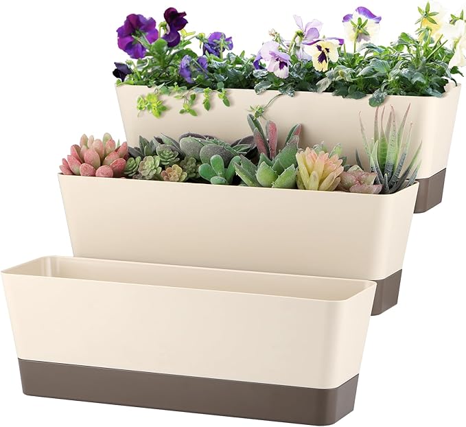 Window Box Planter with Tray, 12" Rectangle Plant Pot, Pack of 3 (Beige)