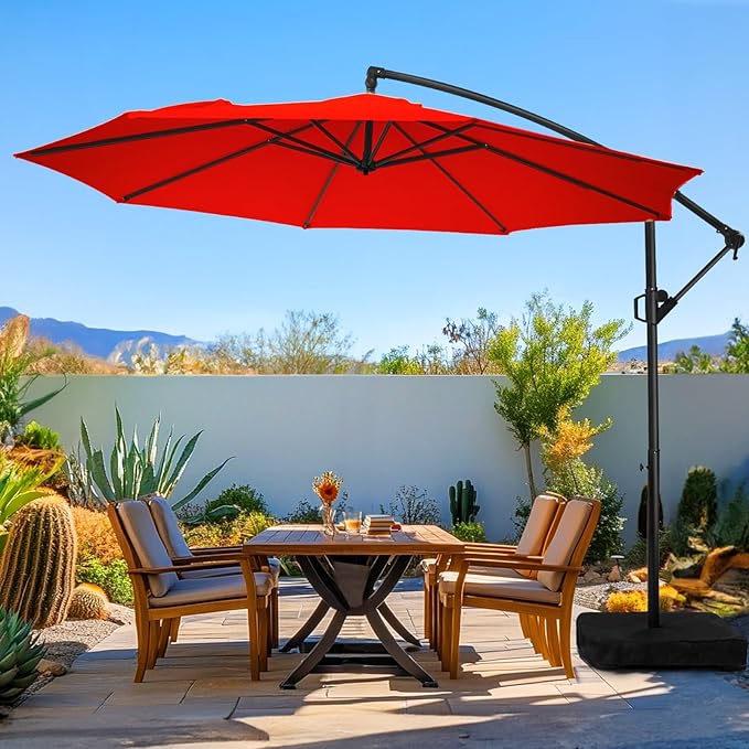 wikiwiki 10ft Patio Umbrella with Base Included, Outdoor Offset Cantilever Umbrella, Infinite Tilt, Crank and Cross Base, Light Red